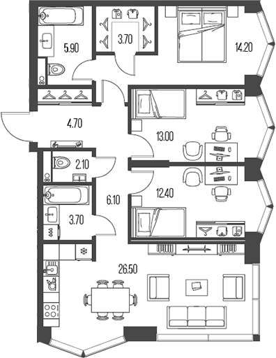 Планировка — Северный Порт, 4-комн., 92 м²