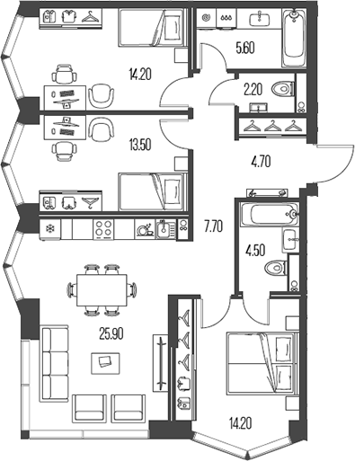 Планировка — Северный Порт, 4-комн., 93 м²