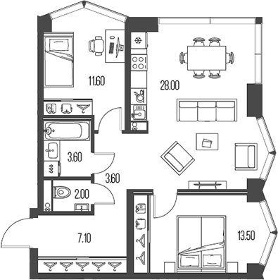 Планировка — Северный Порт, 3-комн., 69 м²
