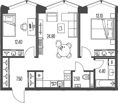 Планировка — Северный Порт, 3-комн., 65 м²