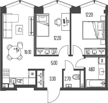 Планировка — Северный Порт, 3-комн., 59 м²