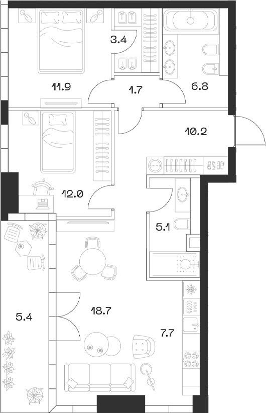 Планировка — ШИФТ, 3-комн., 77 м²