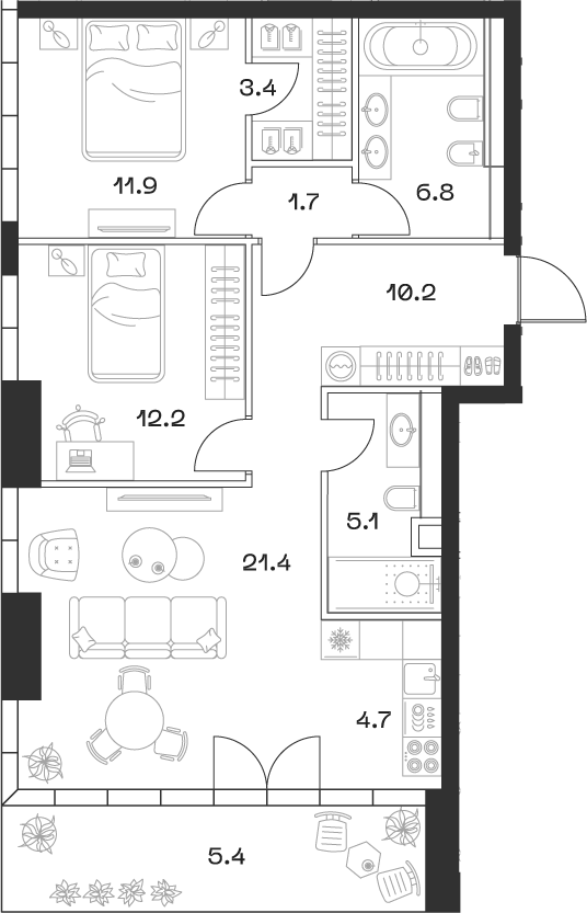 Планировка — ШИФТ, 3-комн., 77 м²