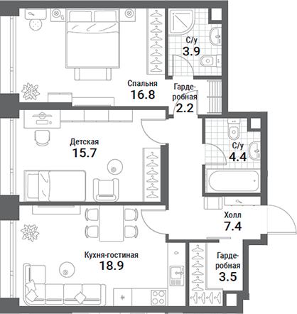 Планировка — Nagatino i-Land, 3-комн., 73 м²