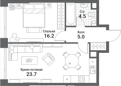 Планировка — Nagatino i-Land, 2-комн., 49 м²