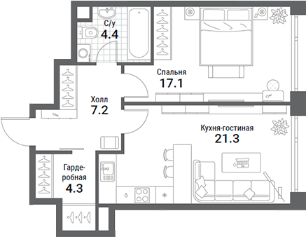 Планировка — Nagatino i-Land, 2-комн., 54 м²