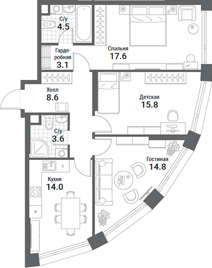 Планировка — Nagatino i-Land, 3-комн., 82 м²
