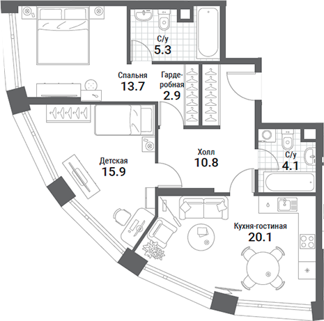 Планировка — Nagatino i-Land, 3-комн., 73 м²