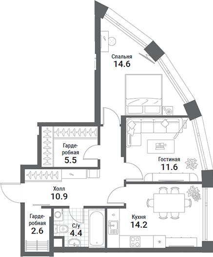 Планировка — Nagatino i-Land, 2-комн., 64 м²