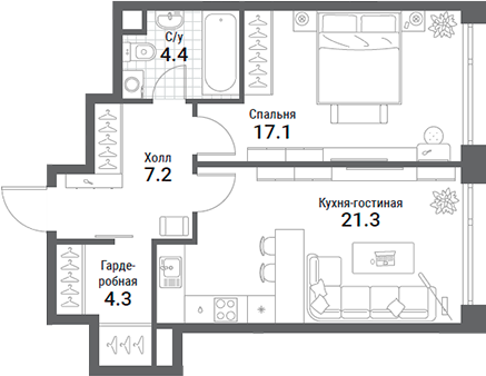 Планировка — Nagatino i-Land, 2-комн., 54 м²
