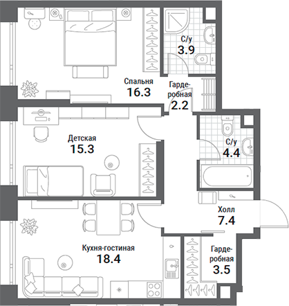 Планировка — Nagatino i-Land, 3-комн., 71 м²