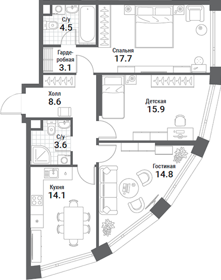 Планировка — Nagatino i-Land, 3-комн., 82 м²