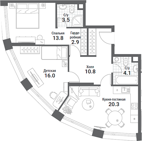 Планировка — Nagatino i-Land, 3-комн., 71 м²