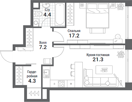Планировка — Nagatino i-Land, 2-комн., 54 м²