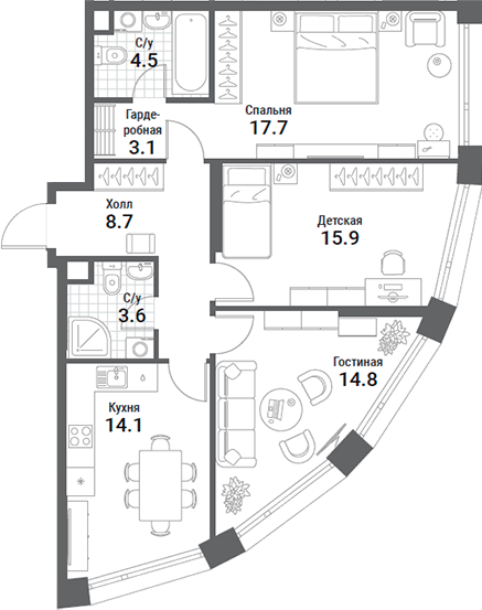 Планировка — Nagatino i-Land, 3-комн., 82 м²
