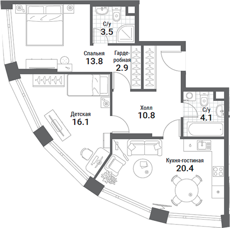 Планировка — Nagatino i-Land, 3-комн., 72 м²