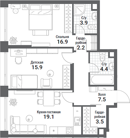 Планировка — Nagatino i-Land, 3-комн., 73 м²
