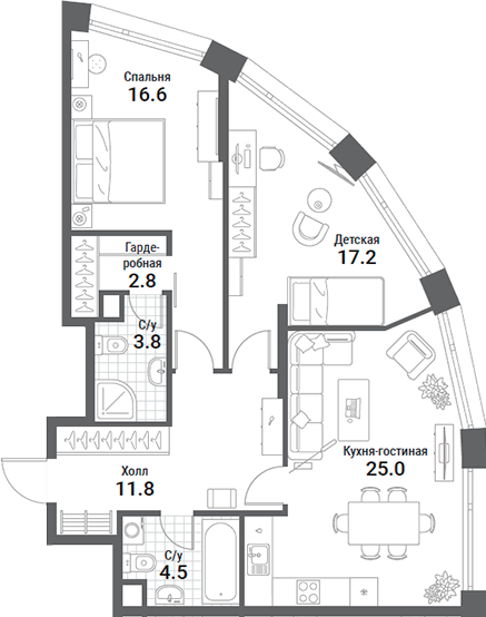 Планировка — Nagatino i-Land, 3-комн., 82 м²
