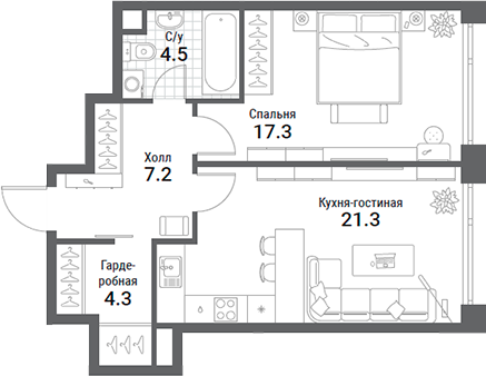 Планировка — Nagatino i-Land, 2-комн., 55 м²