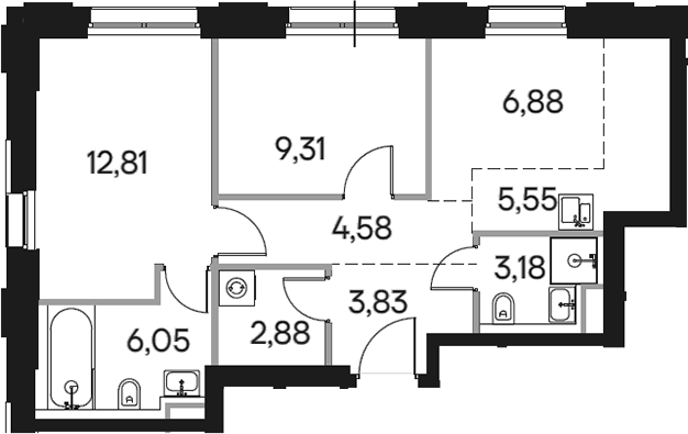 Планировка — Селигер Сити, 3-комн., 55 м²