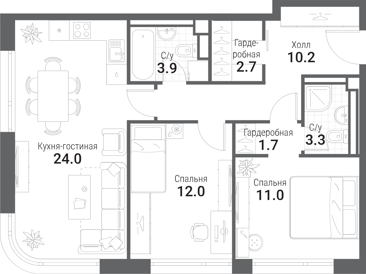 Планировка — Nagatino i-Land, 3-комн., 69 м²
