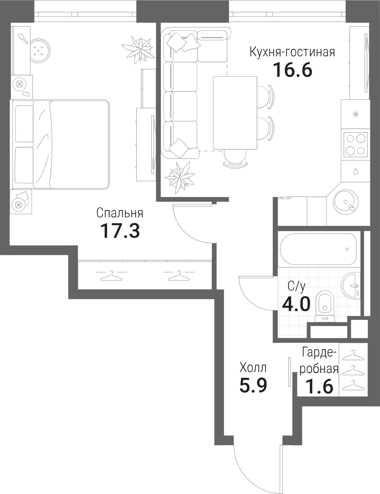 Планировка — Nagatino i-Land, 2-комн., 45 м²