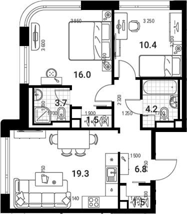 Планировка — Nagatino i-Land, 3-комн., 63 м²