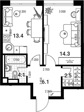 Планировка — Nagatino i-Land, 1-комн., 40 м²