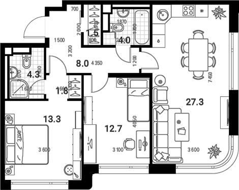 Планировка — Nagatino i-Land, 3-комн., 73 м²