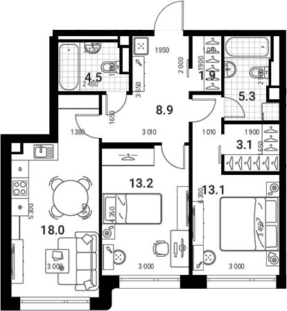 Планировка — Nagatino i-Land, 3-комн., 68 м²