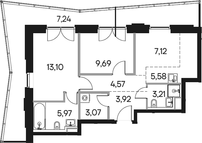 Планировка — Селигер Сити, 3-комн., 58 м²