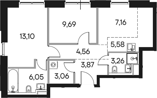 Планировка — Селигер Сити, 3-комн., 56 м²