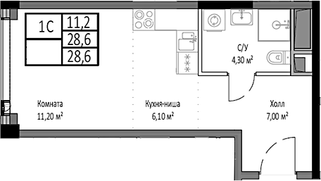 Планировка — Мираполис, Студия, 29 м²