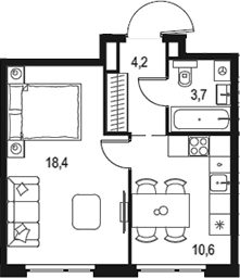 Планировка — Левел Мичуринский, 1-комн., 37 м²