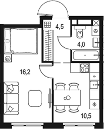 Планировка — Левел Мичуринский, 1-комн., 35 м²