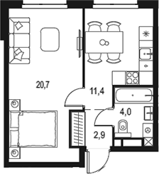 Планировка — Левел Мичуринский, 1-комн., 39 м²