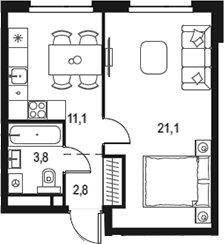 Планировка — Левел Мичуринский, 1-комн., 39 м²