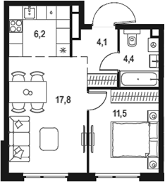 Планировка — Левел Мичуринский, 2-комн., 44 м²