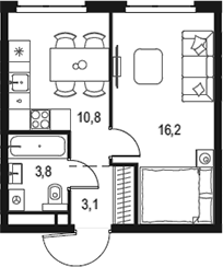 Планировка — Левел Мичуринский, 1-комн., 34 м²