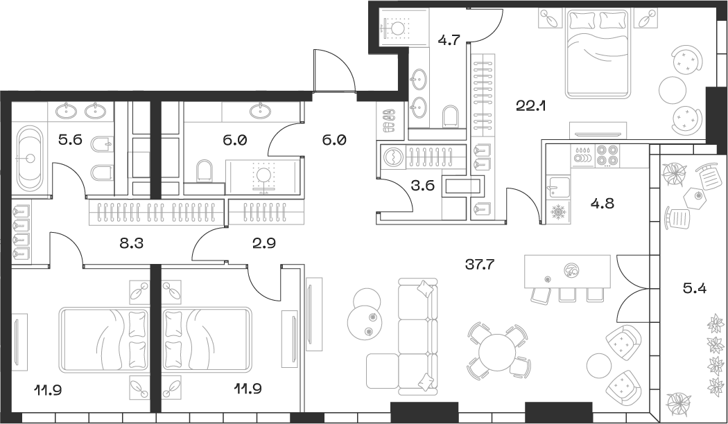 Планировка — ШИФТ, 4-комн., 125 м²