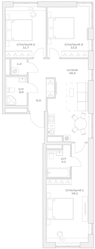 Планировка — Детали, 4-комн., 76 м²