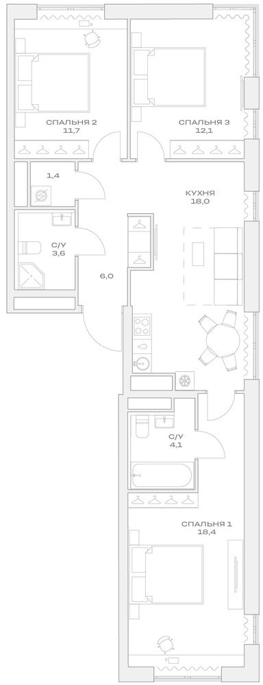 Планировка — Детали, 4-комн., 75 м²