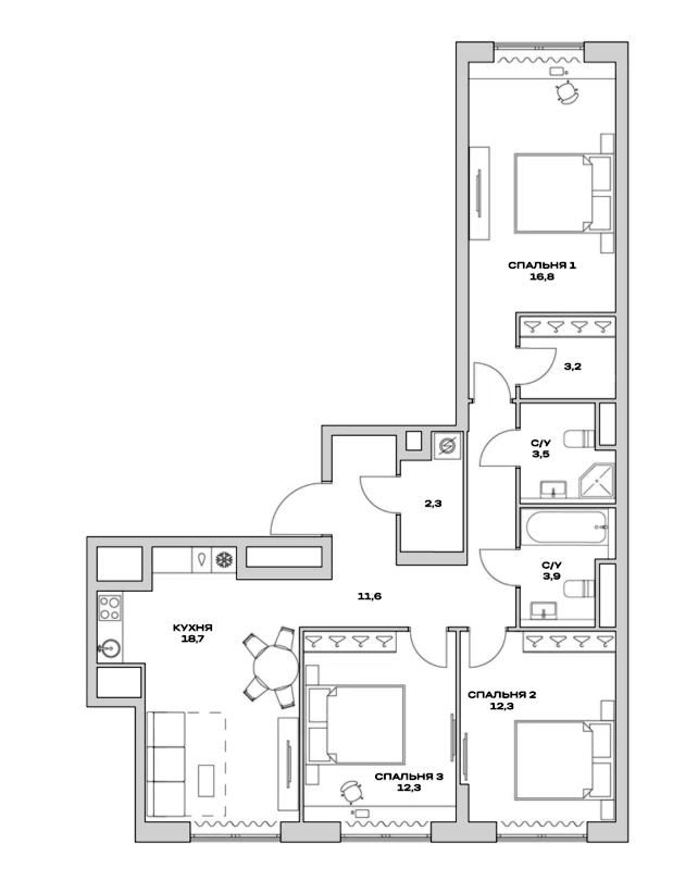 Планировка — Детали, 4-комн., 85 м²