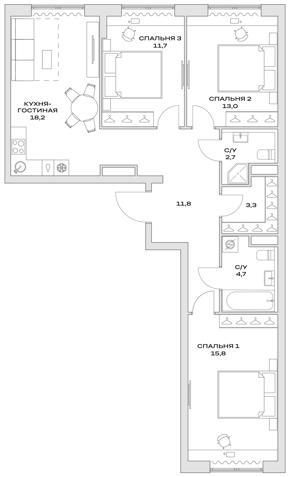 Планировка — Детали, 4-комн., 81 м²