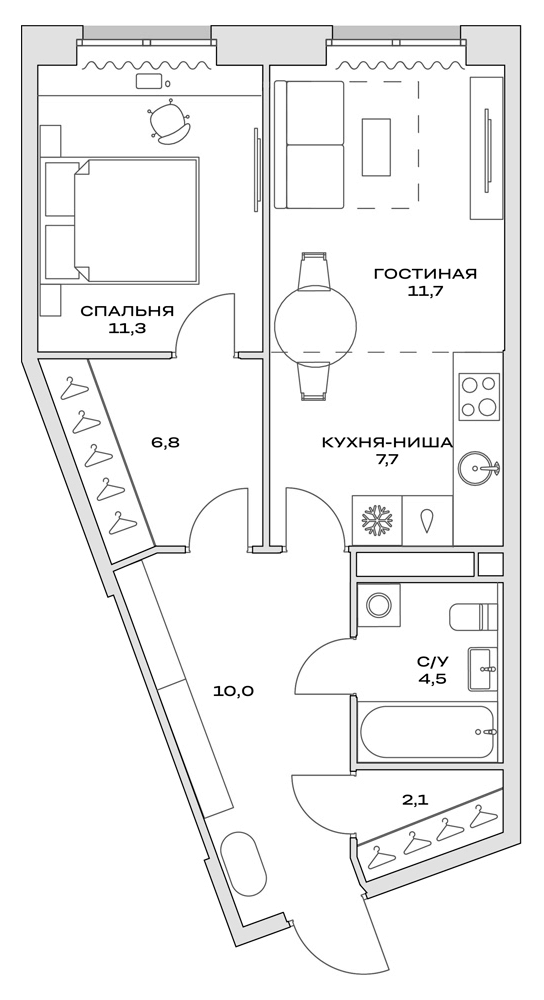 Планировка — Детали, 2-комн., 54 м²