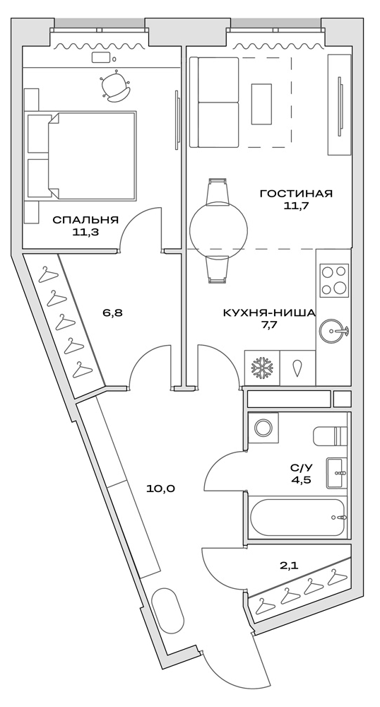 Планировка — Детали, 2-комн., 54 м²