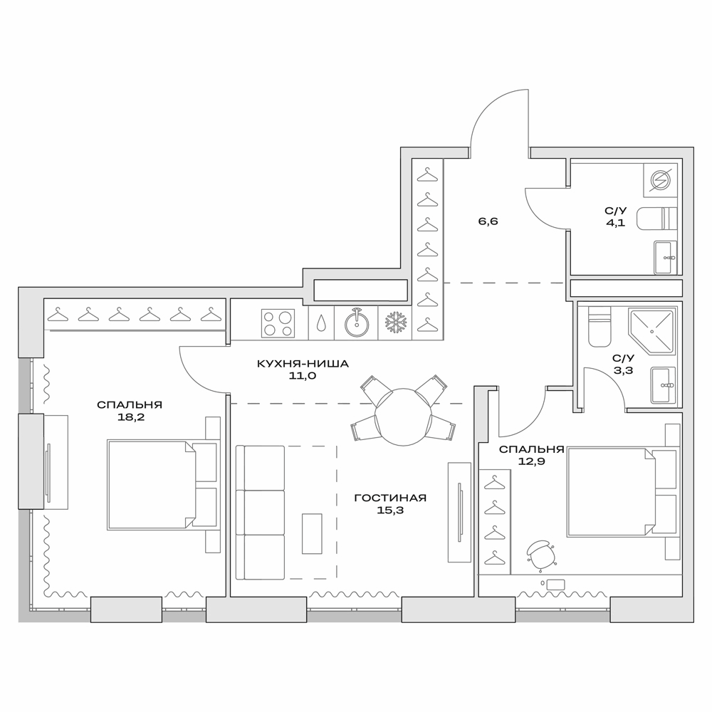 Планировка — Детали, 3-комн., 71 м²