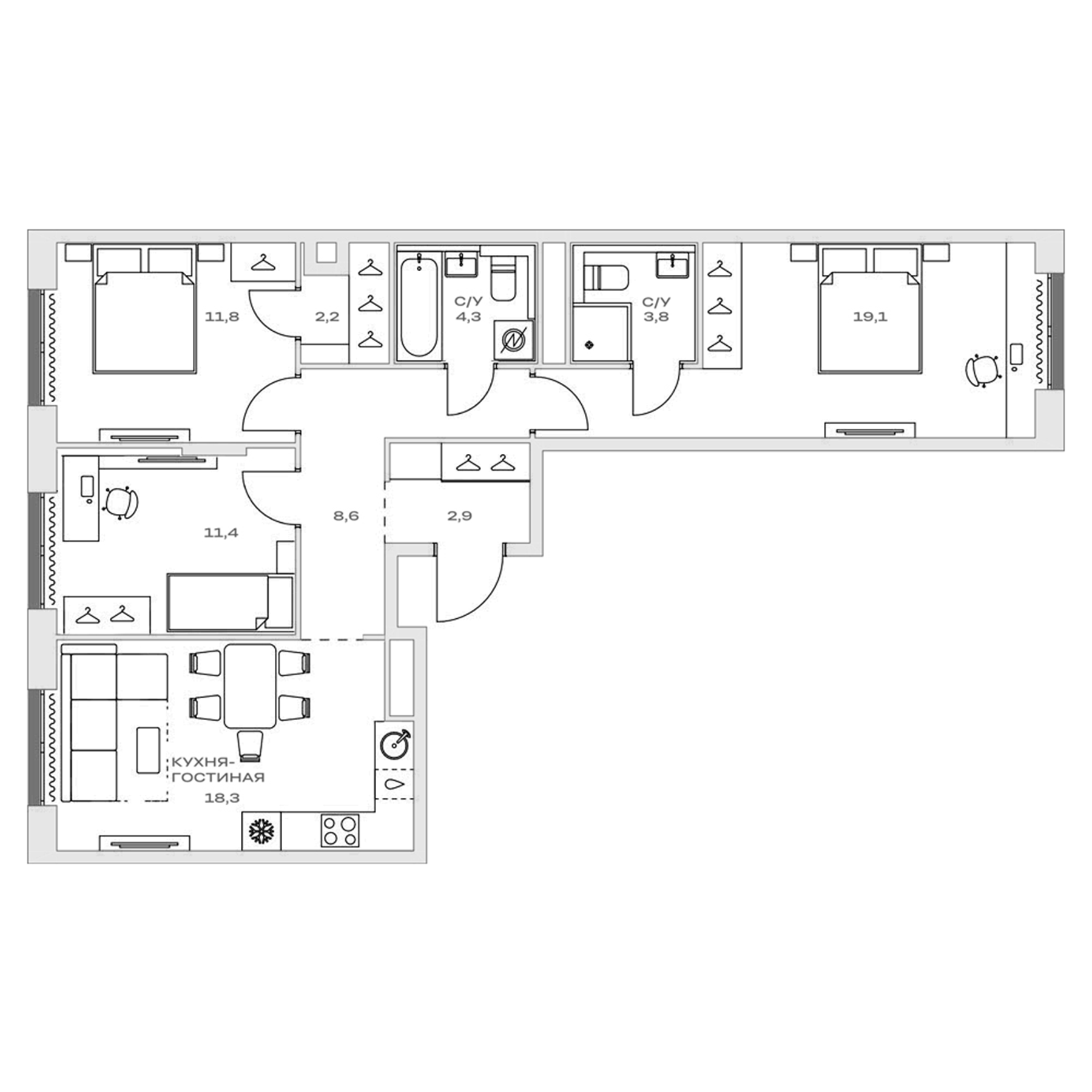 Планировка — Детали, 4-комн., 82 м²