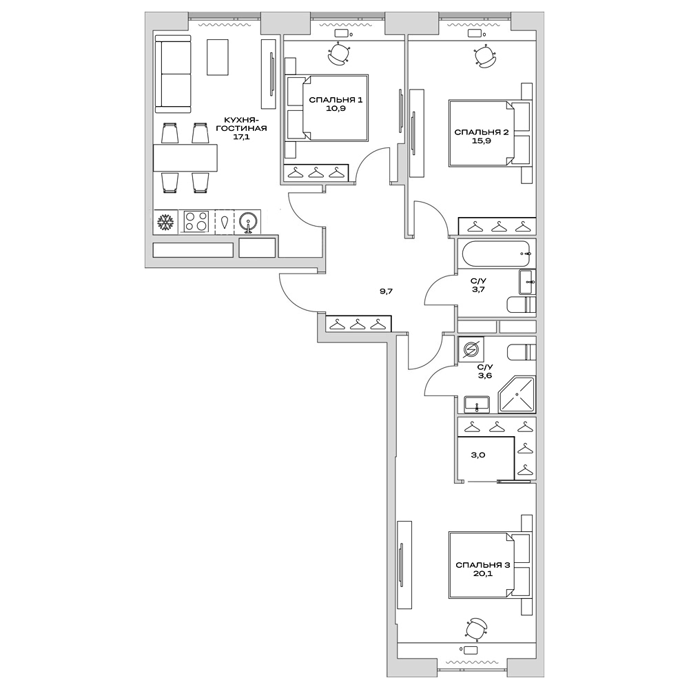 Планировка — Детали, 3-комн., 84 м²