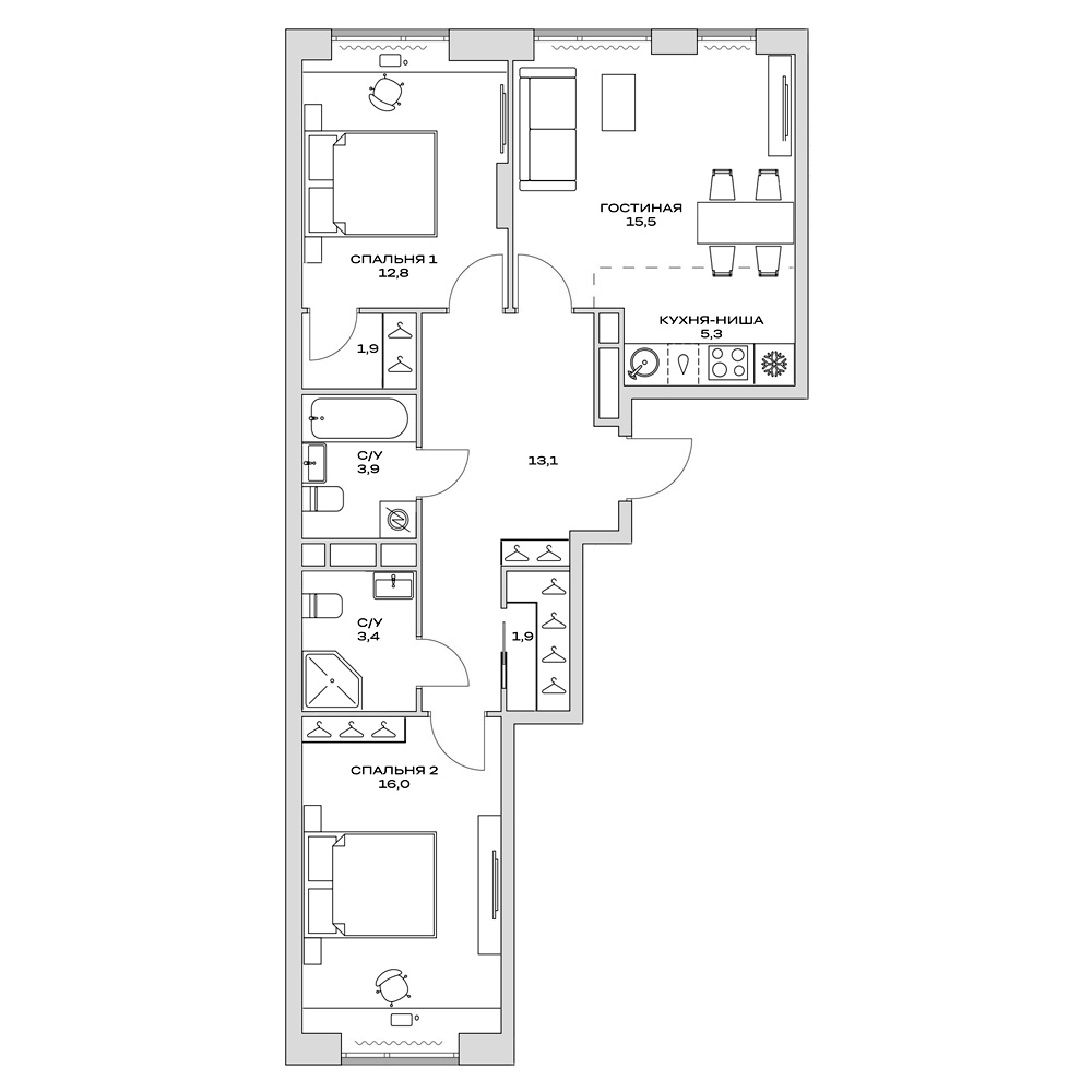 Планировка — Детали, 3-комн., 74 м²